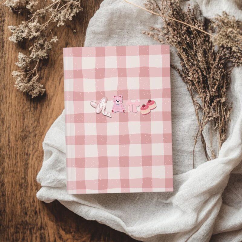 Pink Gingham Kawaii Journal – Cute Bear, Bows & Dessert Hardcover Notebook