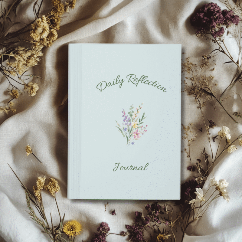 Matte Sage Green journal cover with whimsical Floral illustrations and the quote " Daily Reflection Journal"