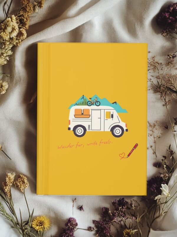 Yellow adventure journal with camper van, mountains, and "Wander far, write freely" quote on cover.