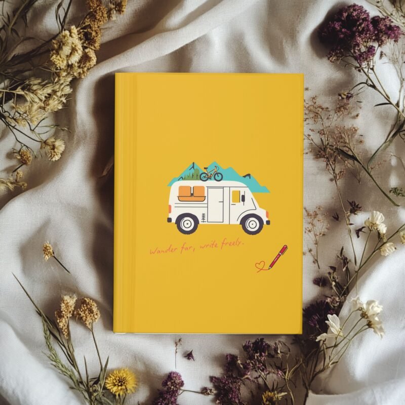 Yellow adventure journal with camper van, mountains, and "Wander far, write freely" quote on cover.