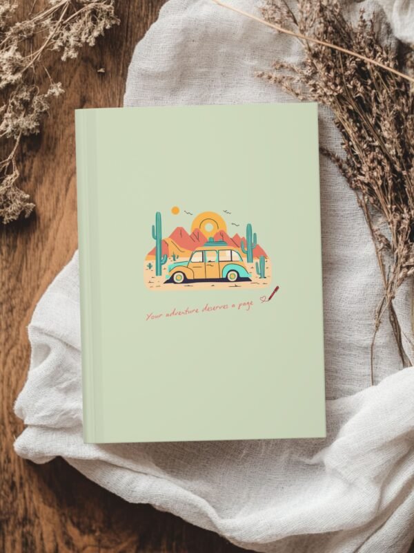 Sage Green Matte journal cover with a vintage travel van in natural desert themed illustrations, quoted your adventure deserves a page