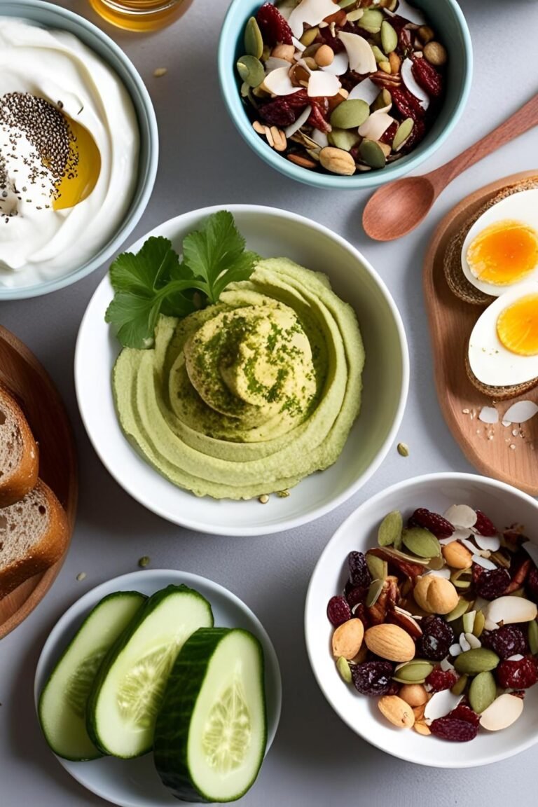 Healthy Snacking to replace junk food Hummus, Granola, Greek yogurt Vegetable salad, hard boiled eggs
